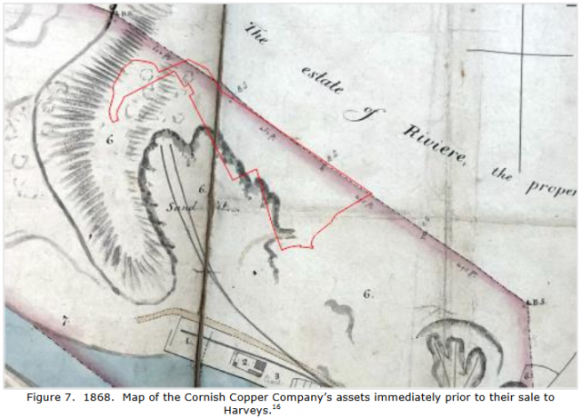 Figure 7.  1868.  Map of the Cornish Copper Company’s assets immediately prior to their sale to Harveys